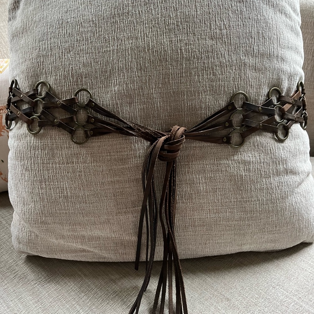Vintage Boho Genuine Leather Tie Belt with Brass Details.